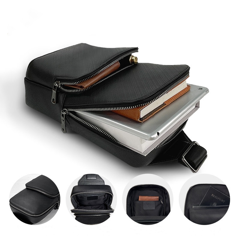 Sling Backpack Shoulder - 男性用多機能本革バックパック,男性用多機能チェストバッグ,クロスオーバーショルダーバッグ,ファニーウエストパック,ブラック,ファッションデザイン