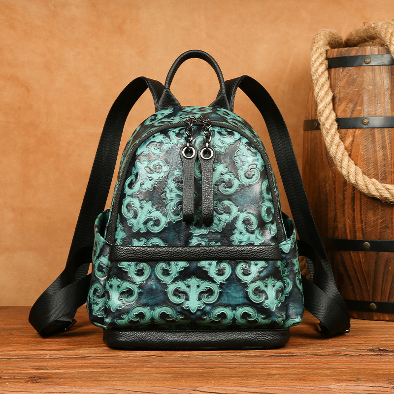 Leather Backpack Vintage - Joh自然-本革のバックパック,女性用,レトロなエンボストートバッグ,本物の牛革,大容量のレジャー旅行用,手作り