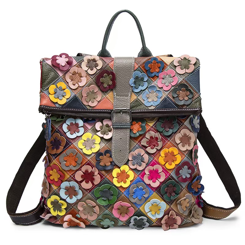 ヴィンテージ女性本革バックパックフラワーリアル牛革ショルダー - Leather Backpack Vintage のレビューと価格
